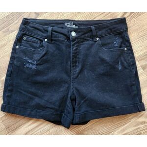 Time And Tru Mid Rise Denim Short Shorts Size 10 Black Wash Destroyed Cuffed Hem